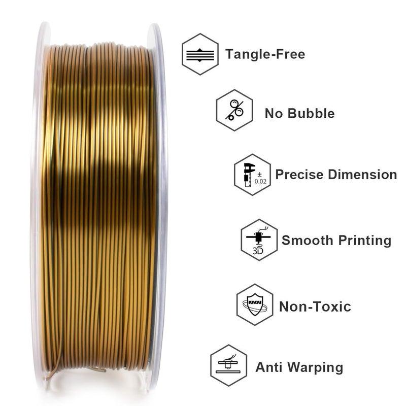 Geeetech خيوط PLA حرير 1.75 مم خيوط مزدوجة اللون، خيوط ثنائية اللون تشبه المعدن اللامع 1 كجم (2.2 رطل) 1 بكرة، دقة الأبعاد +/- 0.02 مم، ذهبي أسود - Image 2